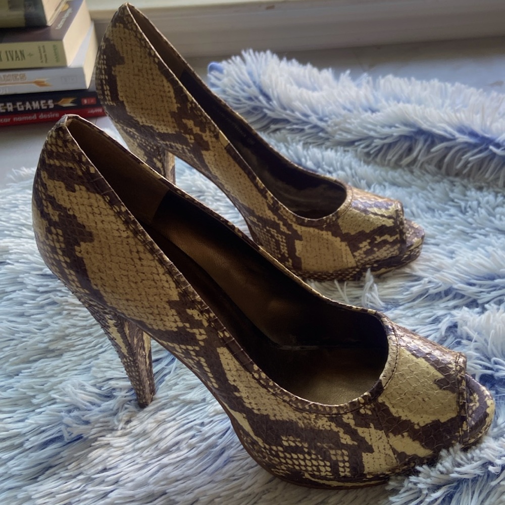 Also 39 Faux SnakeSkin Peeptoe High Heel Shoe Brown Tan